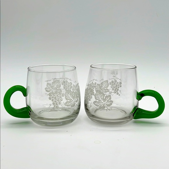 Vintage Etched Grape and Leaf Decorative Green-Handle Drinking Mugs (Set of 2) - Picture 1 of 11